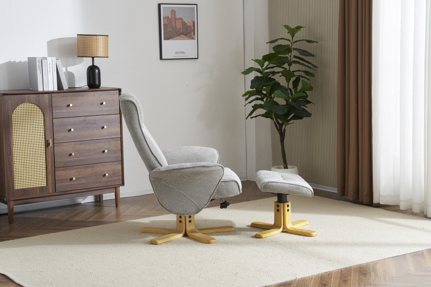 Lunar Grey Fabric Swivel Recliner with Footstool Oak Base - Home Furniture Interiors