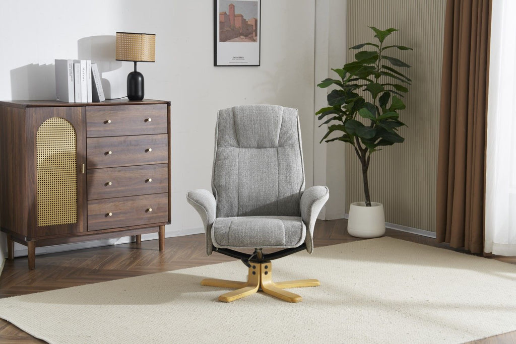 Lunar Grey Fabric Swivel Recliner with Footstool Oak Base - Home Furniture Interiors
