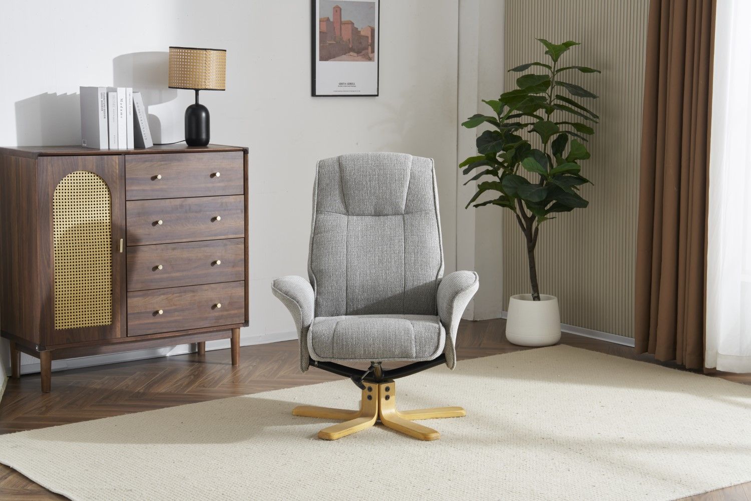 Lunar Grey Fabric Swivel Recliner with Footstool Oak Base - Home Furniture Interiors