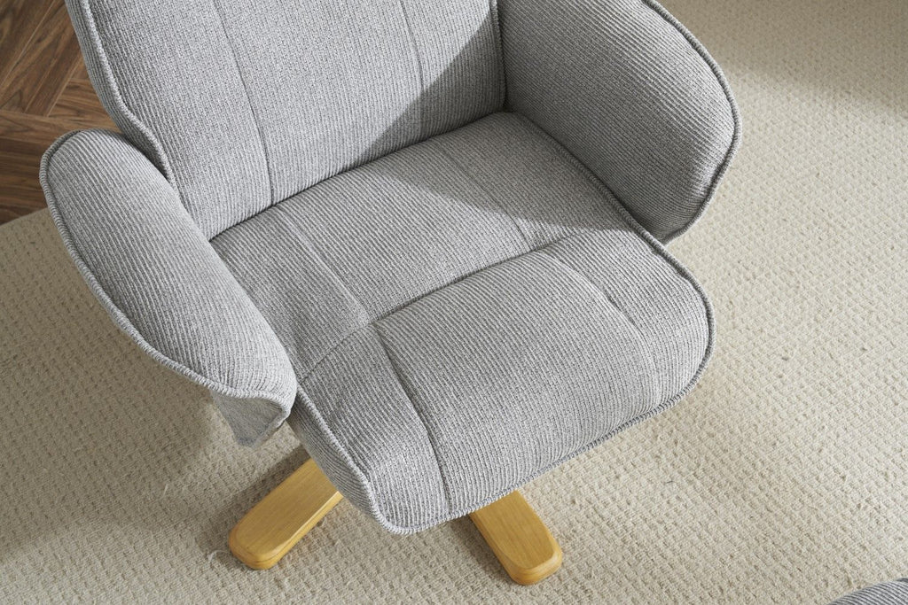 Lunar Grey Fabric Swivel Recliner with Footstool Oak Base - Home Furniture Interiors