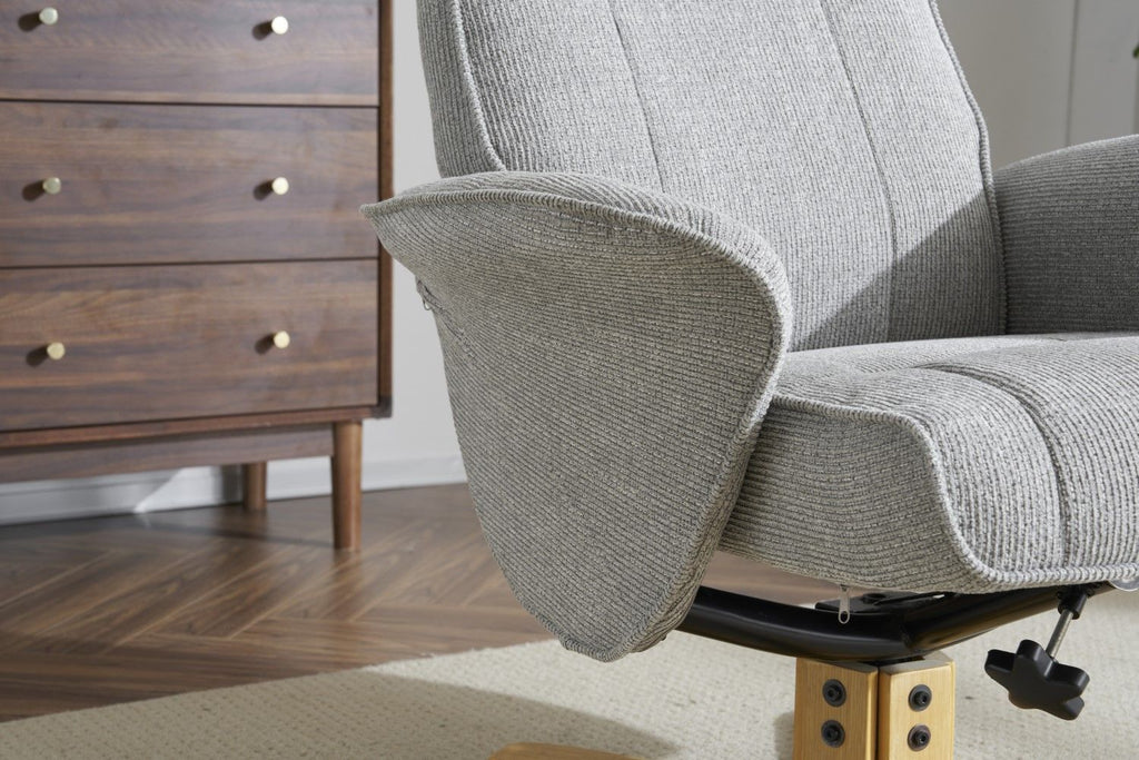 Lunar Grey Fabric Swivel Recliner with Footstool Oak Base - Home Furniture Interiors