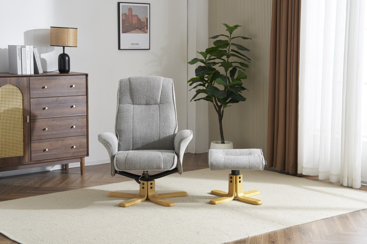 Lunar Grey Fabric Swivel Recliner with Footstool Oak Base - Home Furniture Interiors