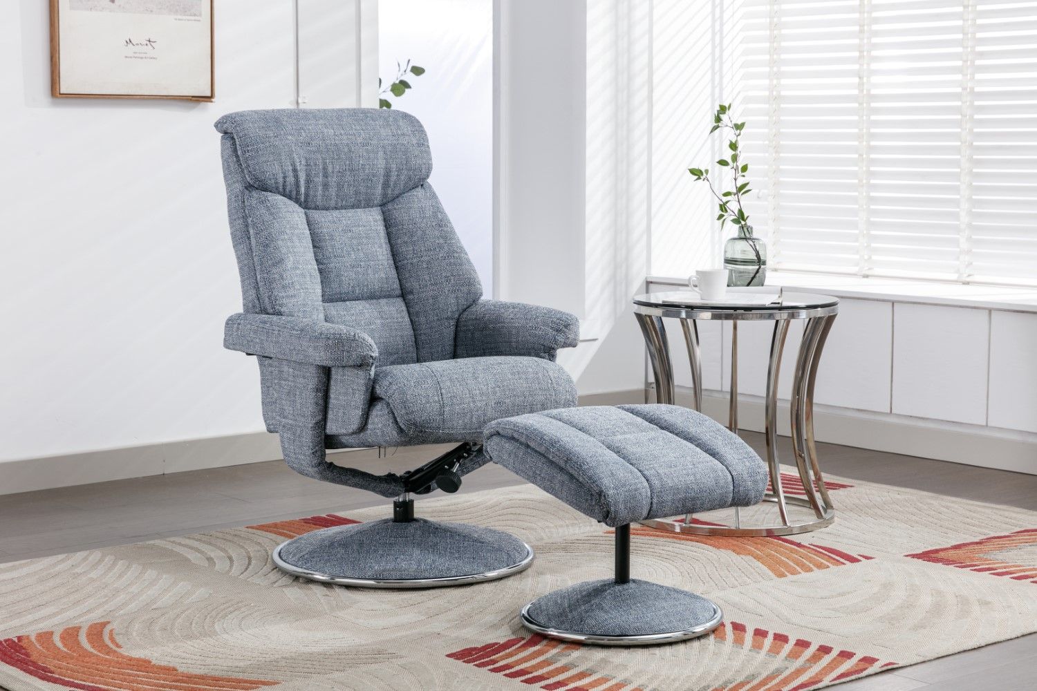 Marine Blue Fabric Swivel Recliner and Footstool Chrome Trim