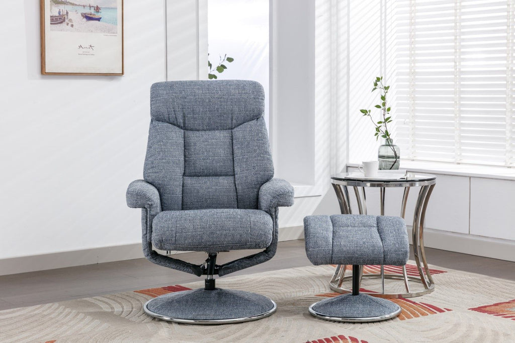 Marine Blue Fabric Swivel Recliner and Footstool Chrome Trim