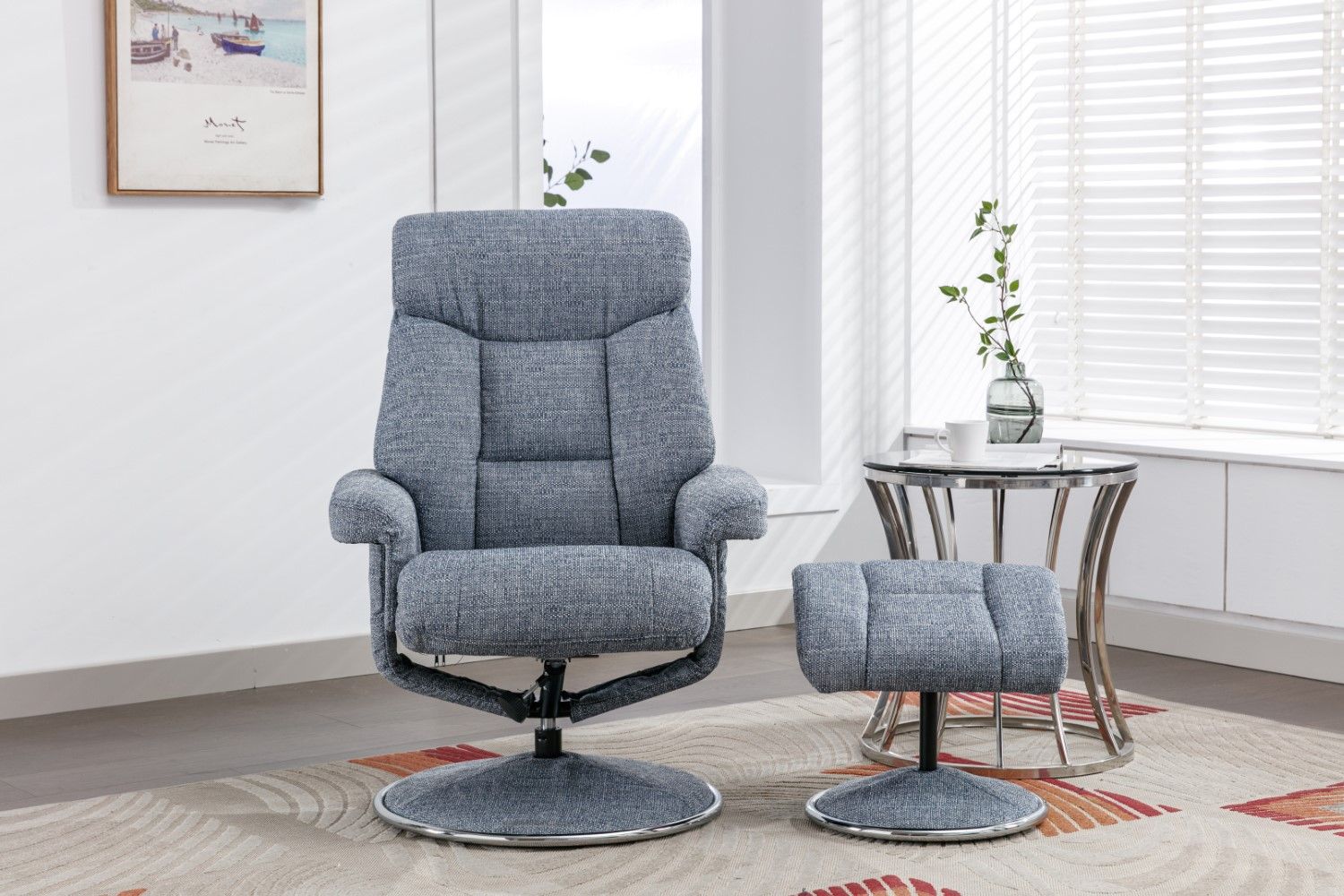 Marine Blue Fabric Swivel Recliner and Footstool Chrome Trim