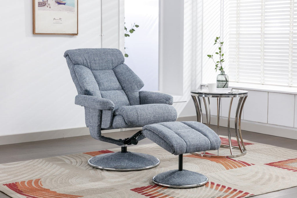 Marine Blue Fabric Swivel Recliner and Footstool Chrome Trim