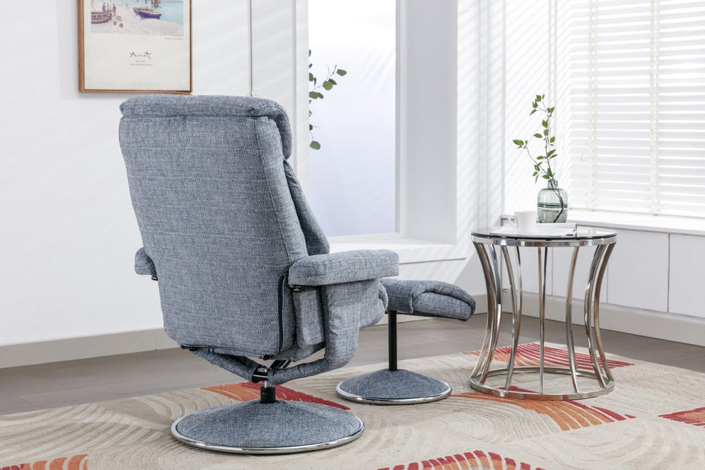 Marine Blue Fabric Swivel Recliner and Footstool Chrome Trim