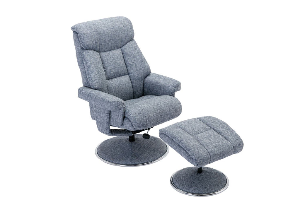 Marine Blue Fabric Swivel Recliner and Footstool Chrome Trim