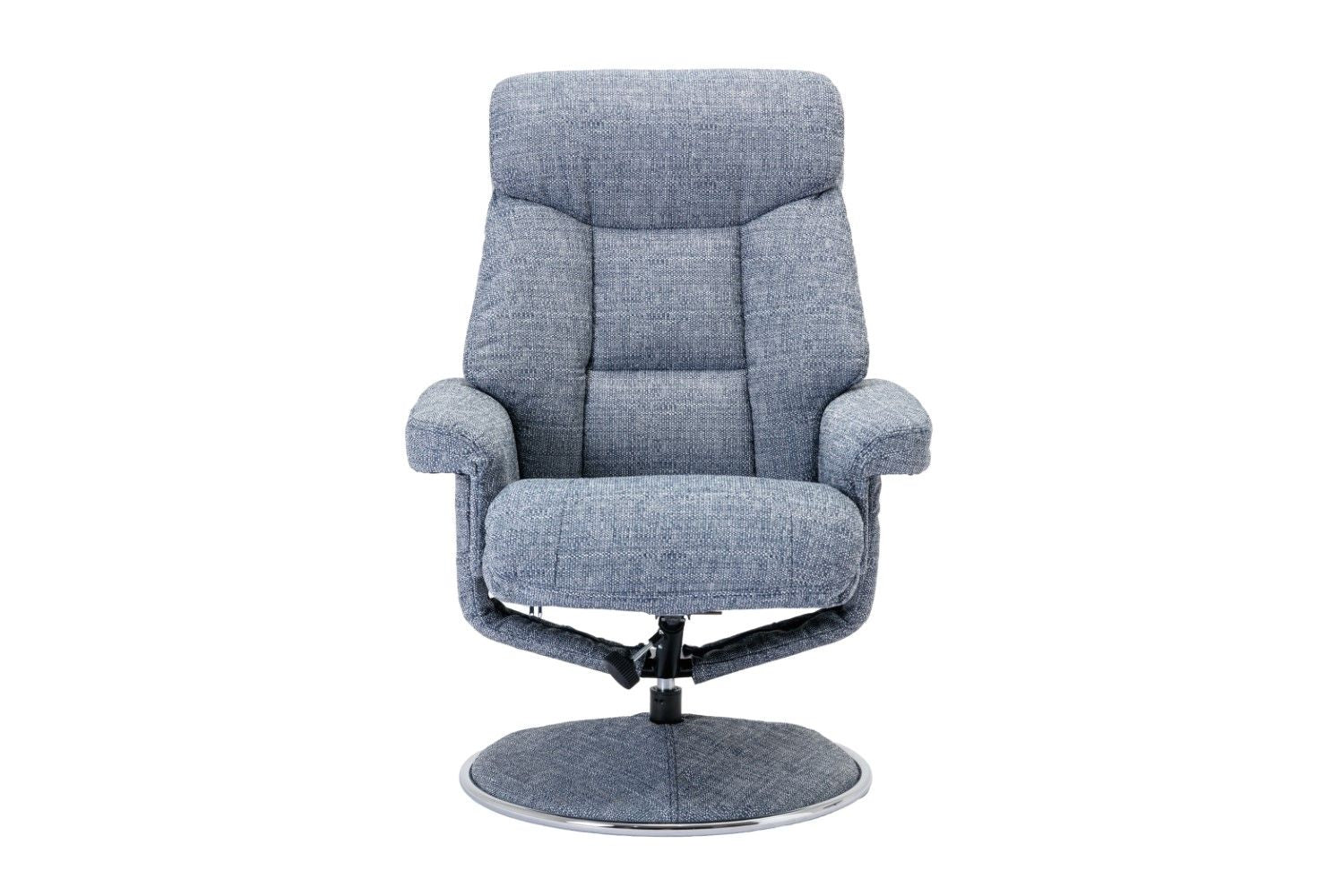 Marine Blue Fabric Swivel Recliner and Footstool Chrome Trim