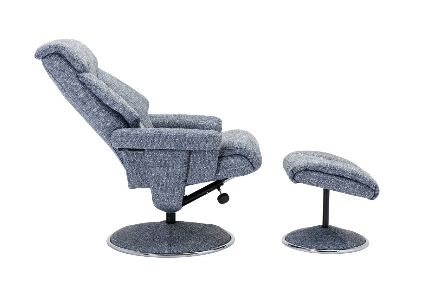 Marine Blue Fabric Swivel Recliner and Footstool Chrome Trim