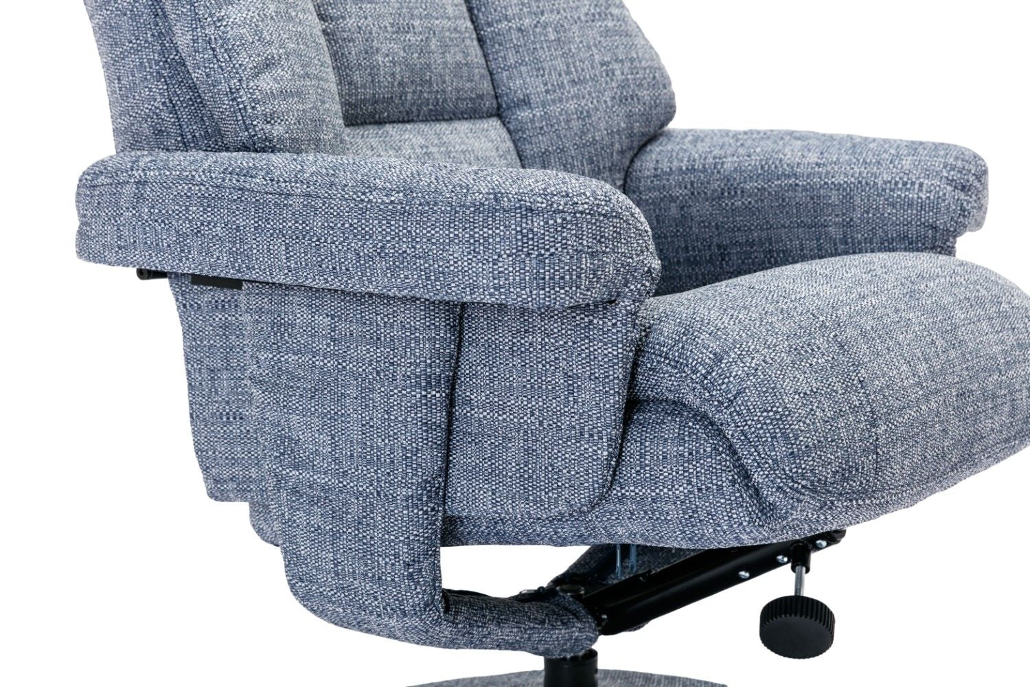 Marine Blue Fabric Swivel Recliner and Footstool Chrome Trim
