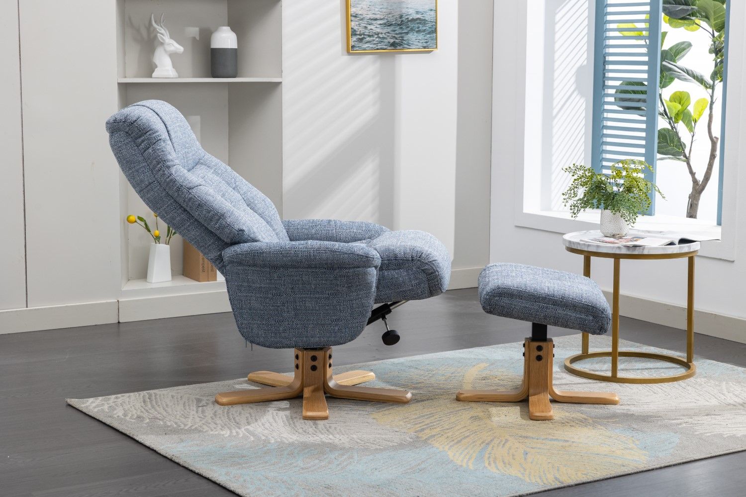 Marine Blue Fabric Swivel Recliner with Footstool Oak Base