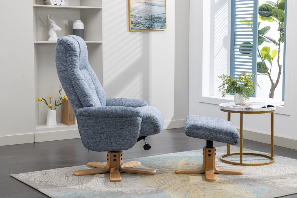 Marine Blue Fabric Swivel Recliner with Footstool Oak Base