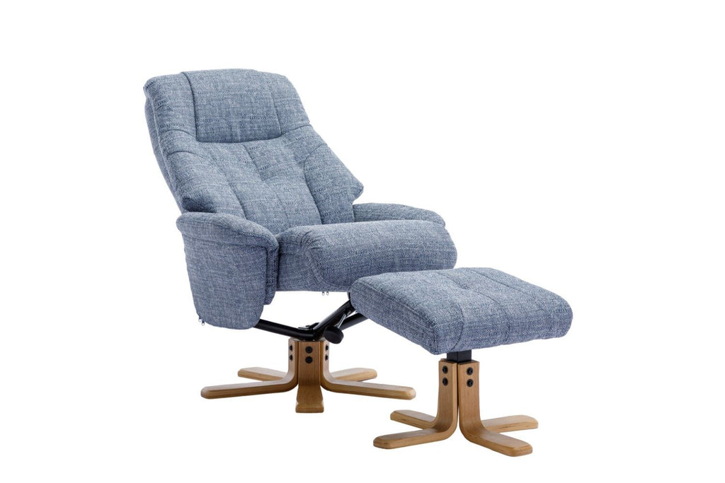 Marine Blue Fabric Swivel Recliner with Footstool Oak Base