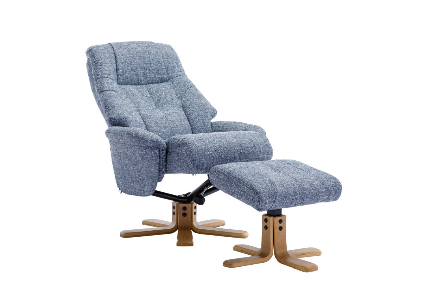 Marine Blue Fabric Swivel Recliner with Footstool Oak Base