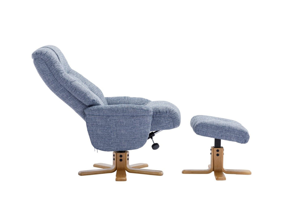 Marine Blue Fabric Swivel Recliner with Footstool Oak Base