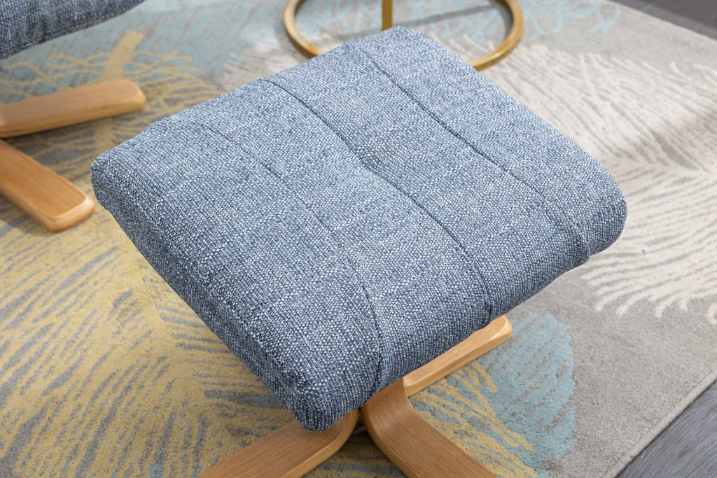 Marine Blue Fabric Swivel Recliner with Footstool Oak Base