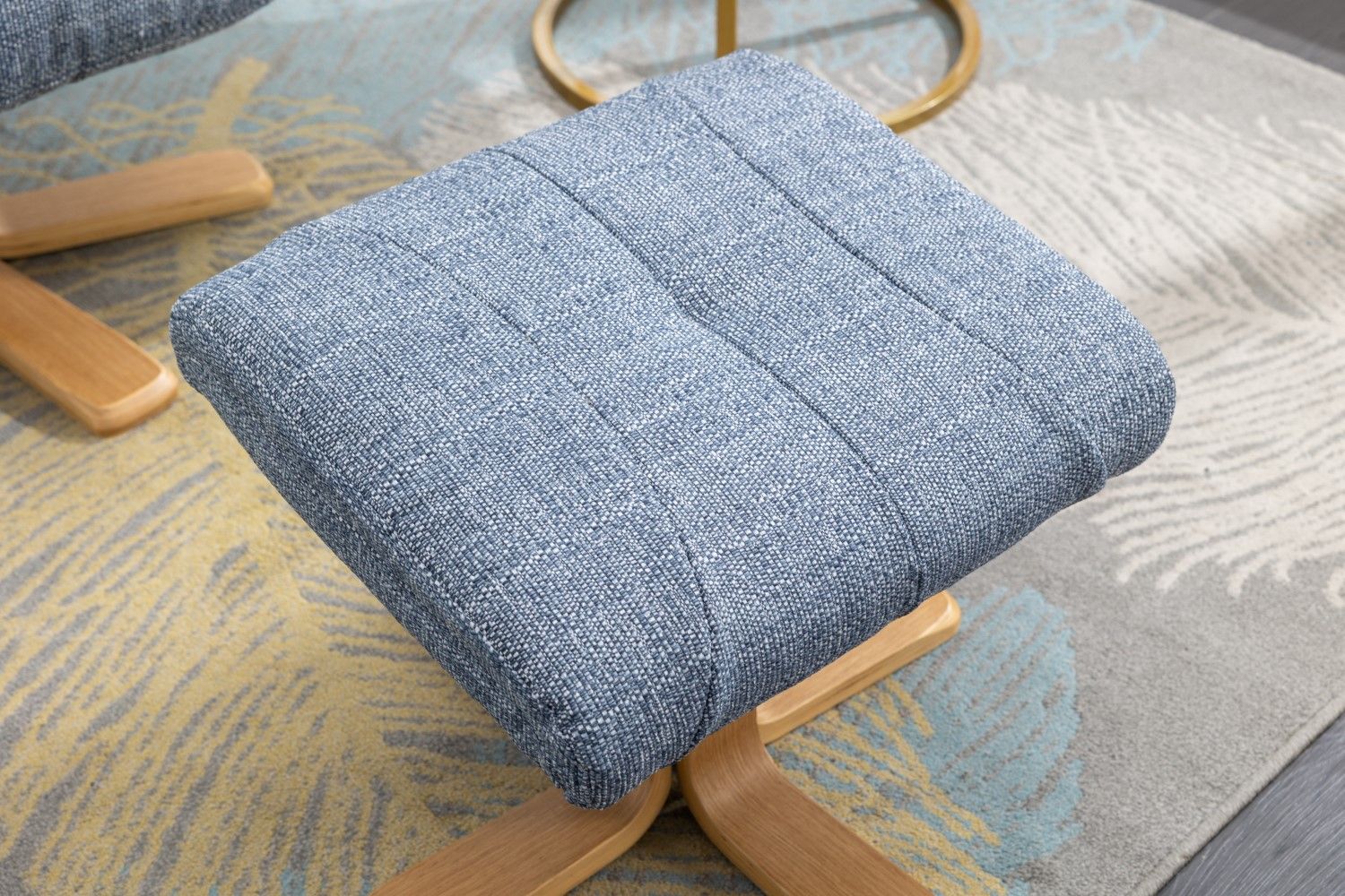 Marine Blue Fabric Swivel Recliner with Footstool Oak Base