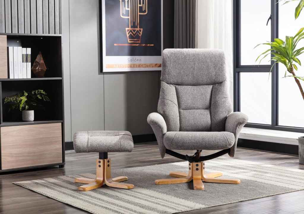 Natural Fabric Swivel Recliner with Footstool Oak Base