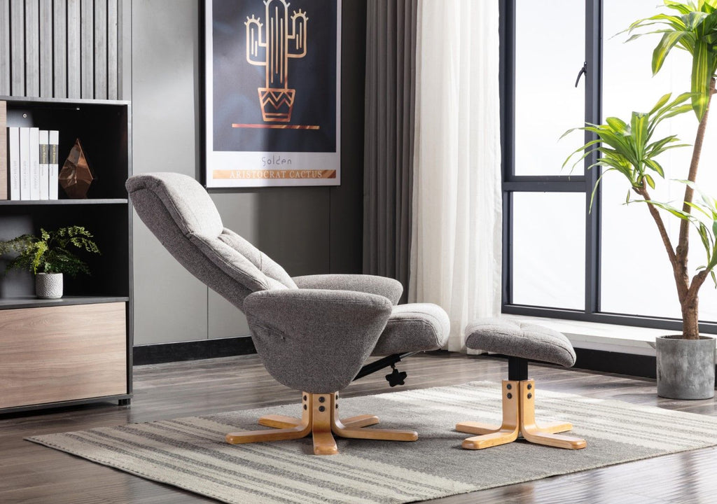 Natural Fabric Swivel Recliner with Footstool Oak Base