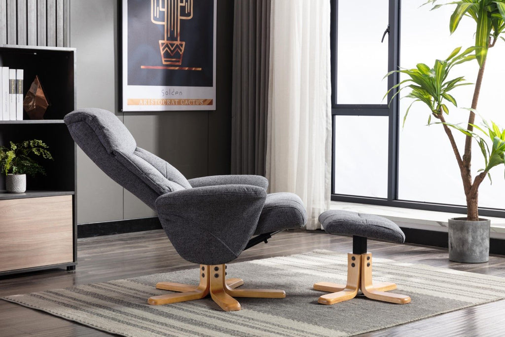 Slate Grey Fabric Swivel Recliner with Footstool Oak Base