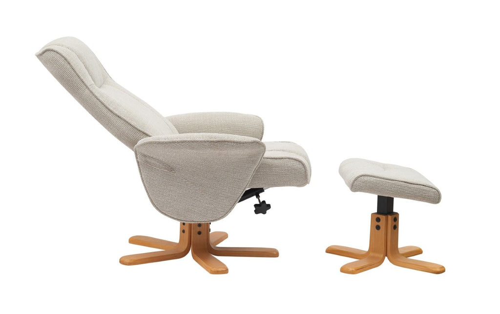 Marzipan Fabric Swivel Recliner with Footstool Oak Base - Home Furniture Interiors