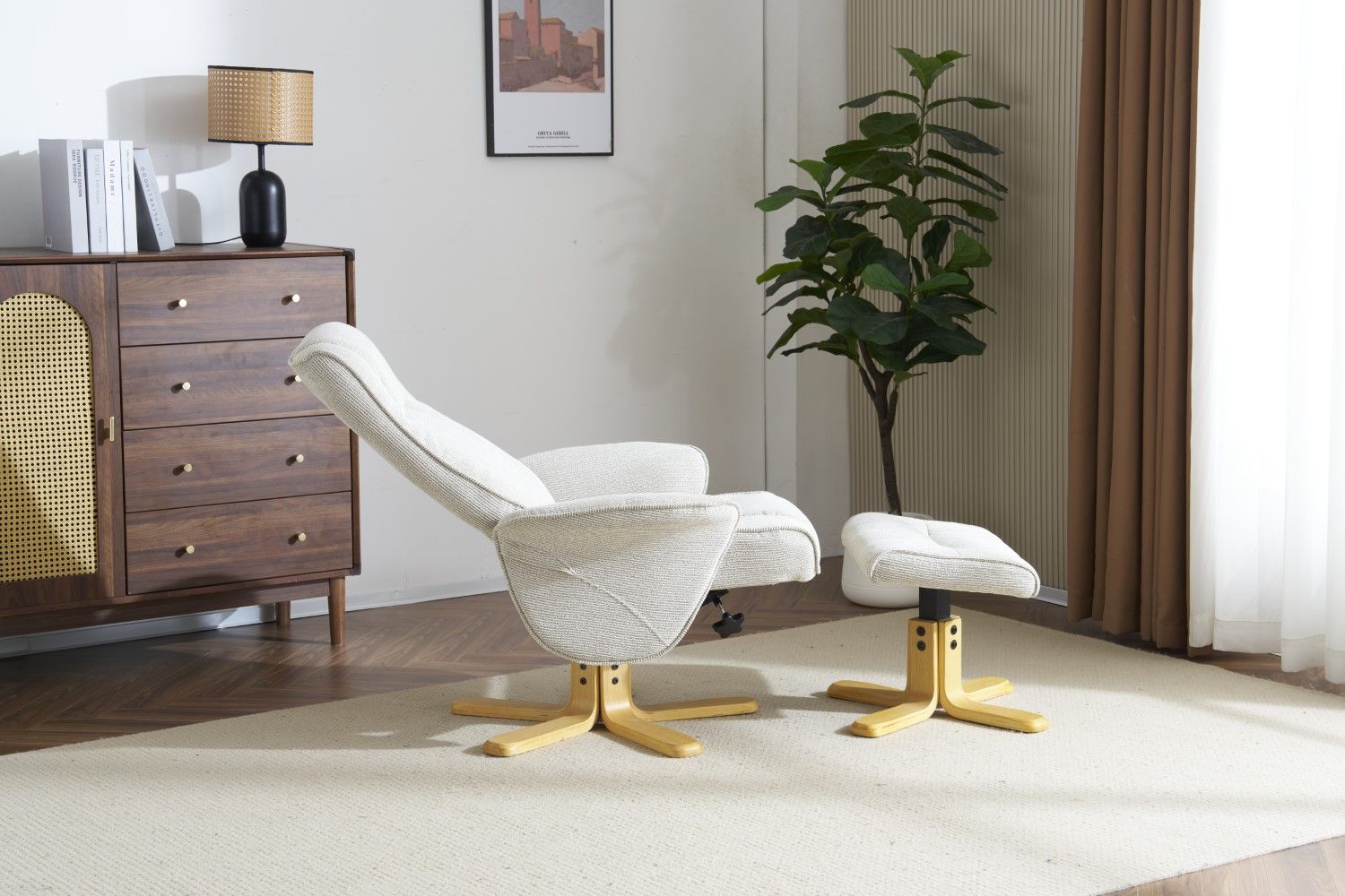 Marzipan Fabric Swivel Recliner with Footstool Oak Base - Home Furniture Interiors