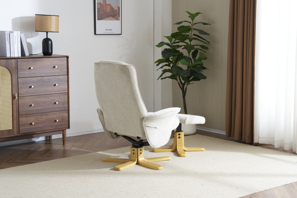 Marzipan Fabric Swivel Recliner with Footstool Oak Base - Home Furniture Interiors