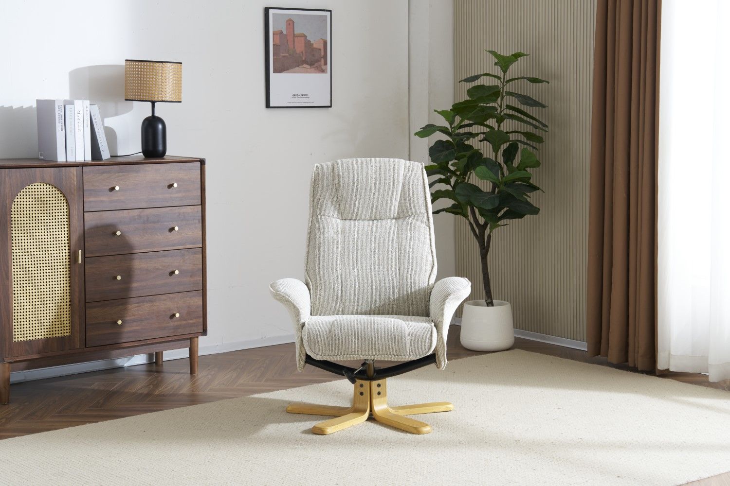 Marzipan Fabric Swivel Recliner with Footstool Oak Base - Home Furniture Interiors