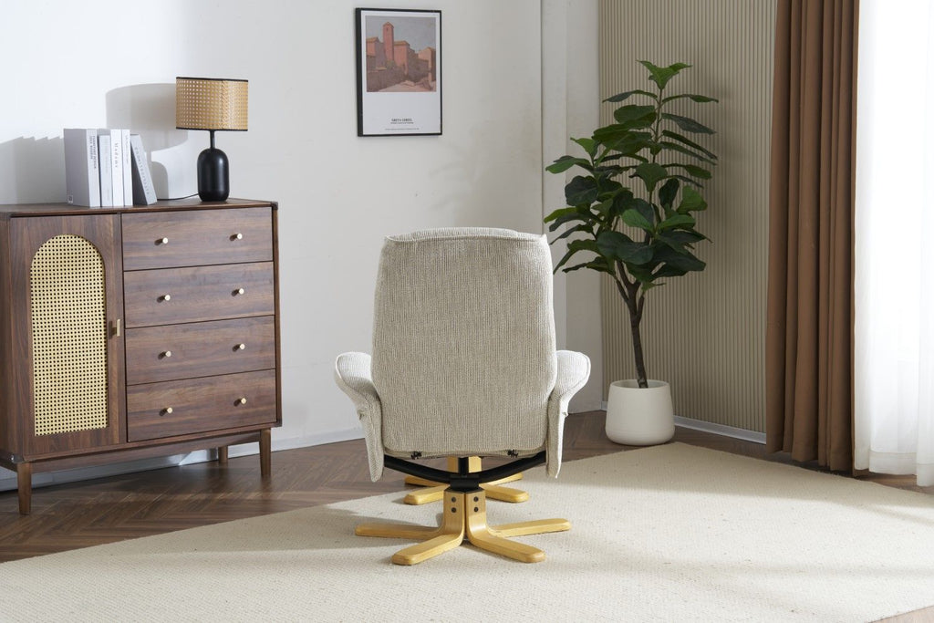 Marzipan Fabric Swivel Recliner with Footstool Oak Base - Home Furniture Interiors