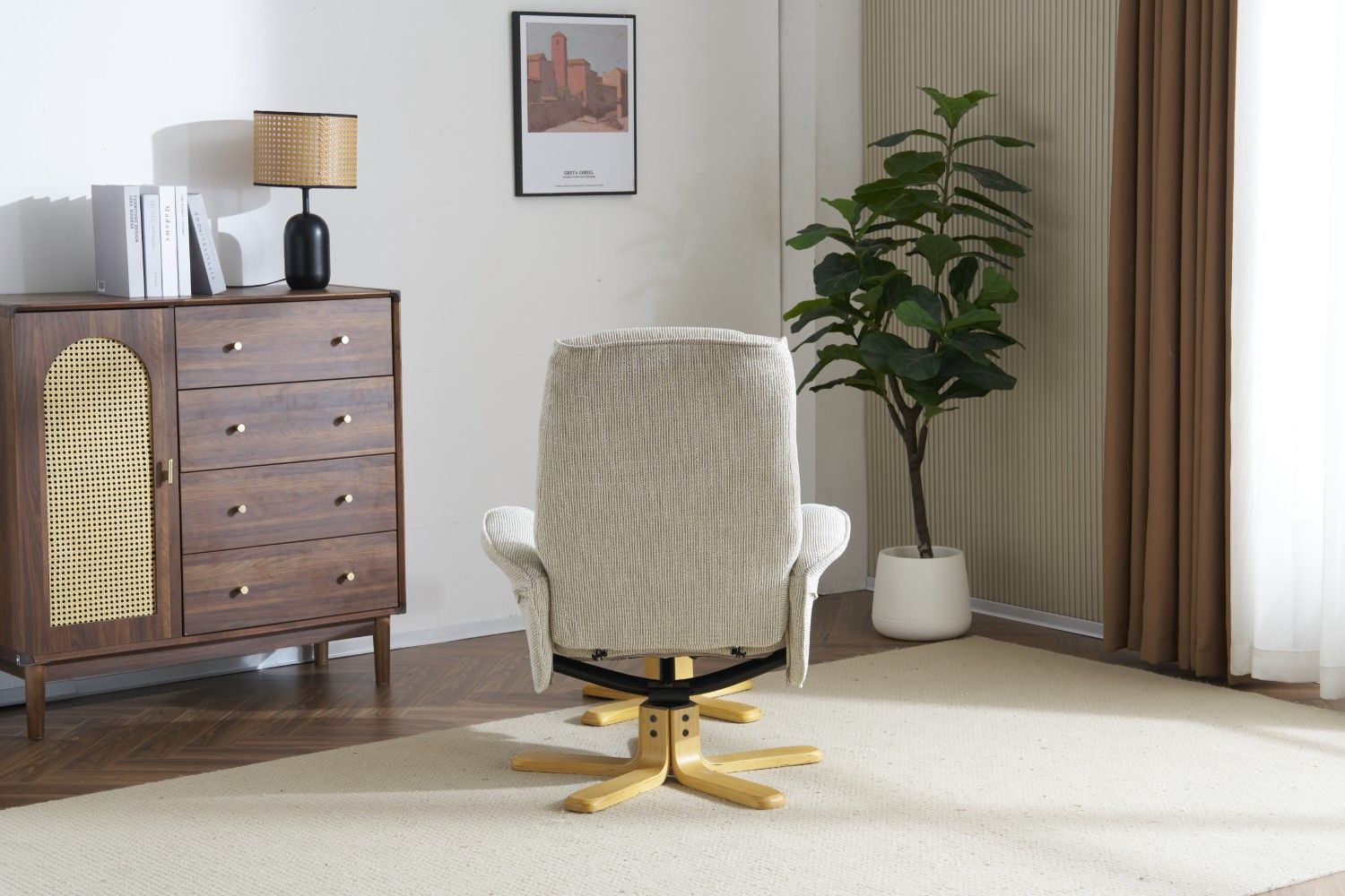 Marzipan Fabric Swivel Recliner with Footstool Oak Base - Home Furniture Interiors