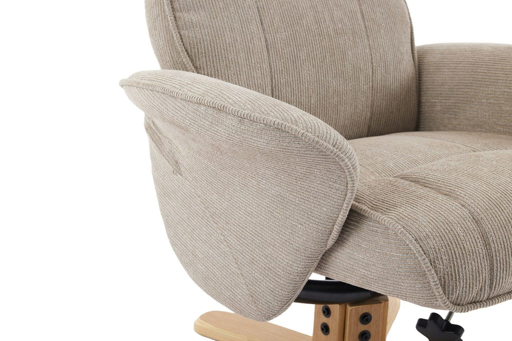 Camel Fabric Swivel Recliner with Footstool Oak Base