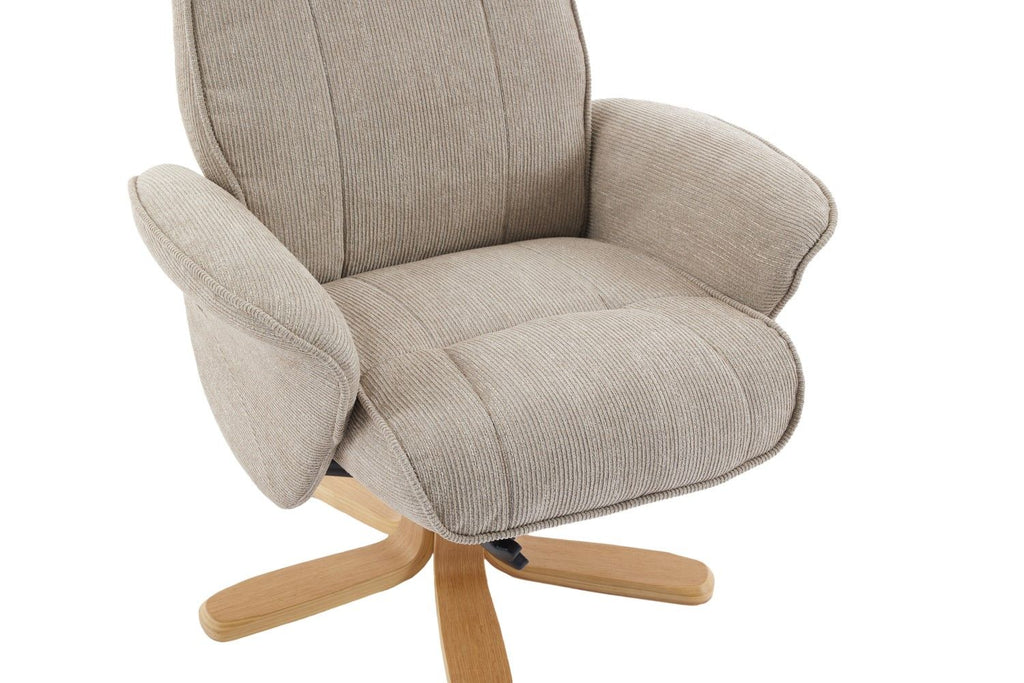 Camel Fabric Swivel Recliner with Footstool Oak Base