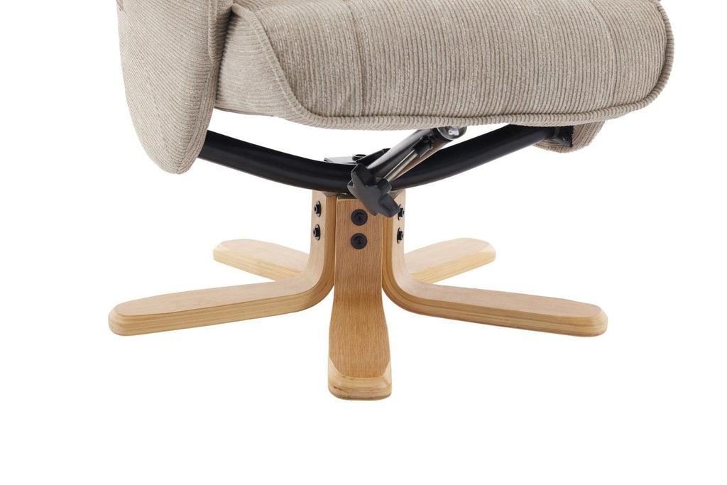 Camel Fabric Swivel Recliner with Footstool Oak Base