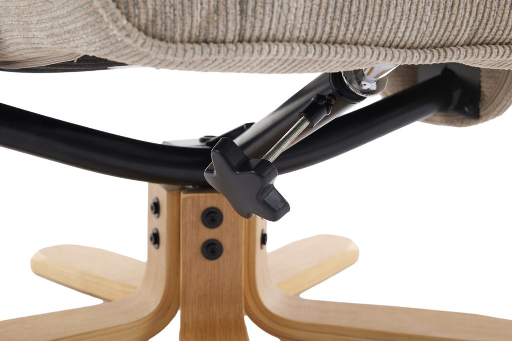 Camel Fabric Swivel Recliner with Footstool Oak Base