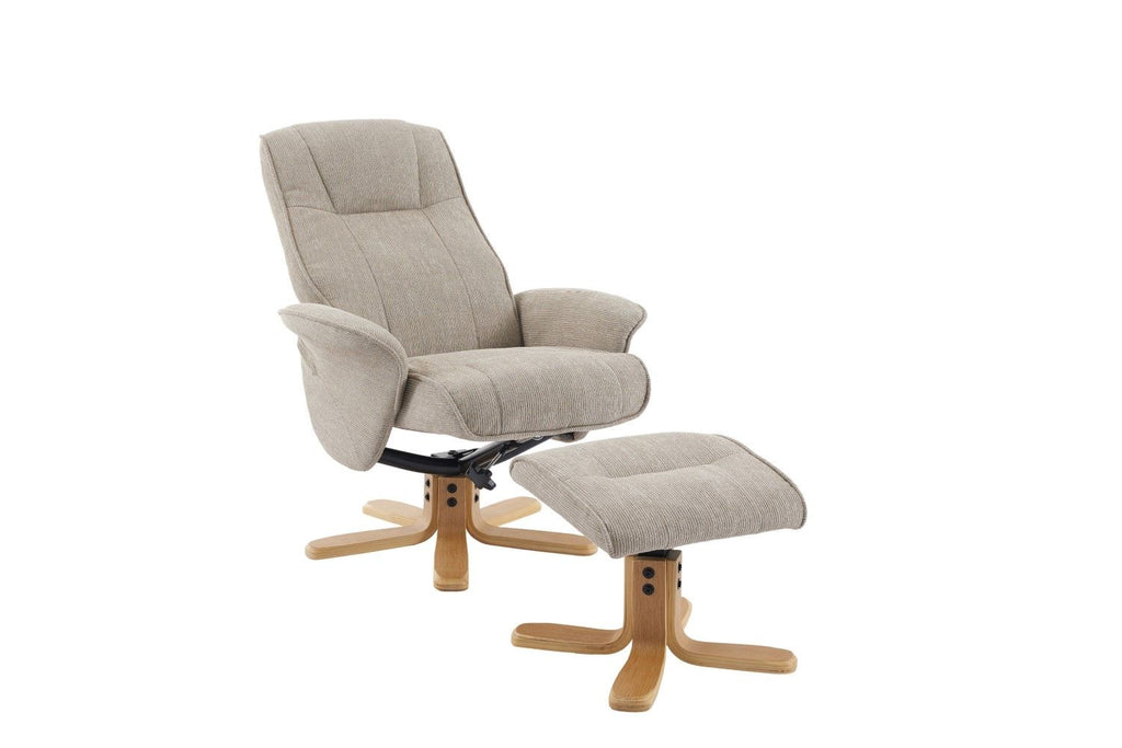 Camel Fabric Swivel Recliner with Footstool Oak Base