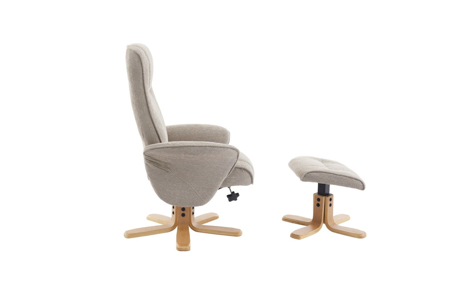 Camel Fabric Swivel Recliner with Footstool Oak Base