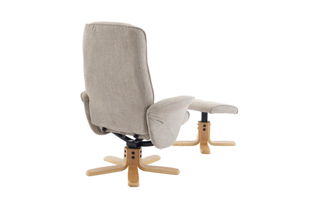 Camel Fabric Swivel Recliner with Footstool Oak Base