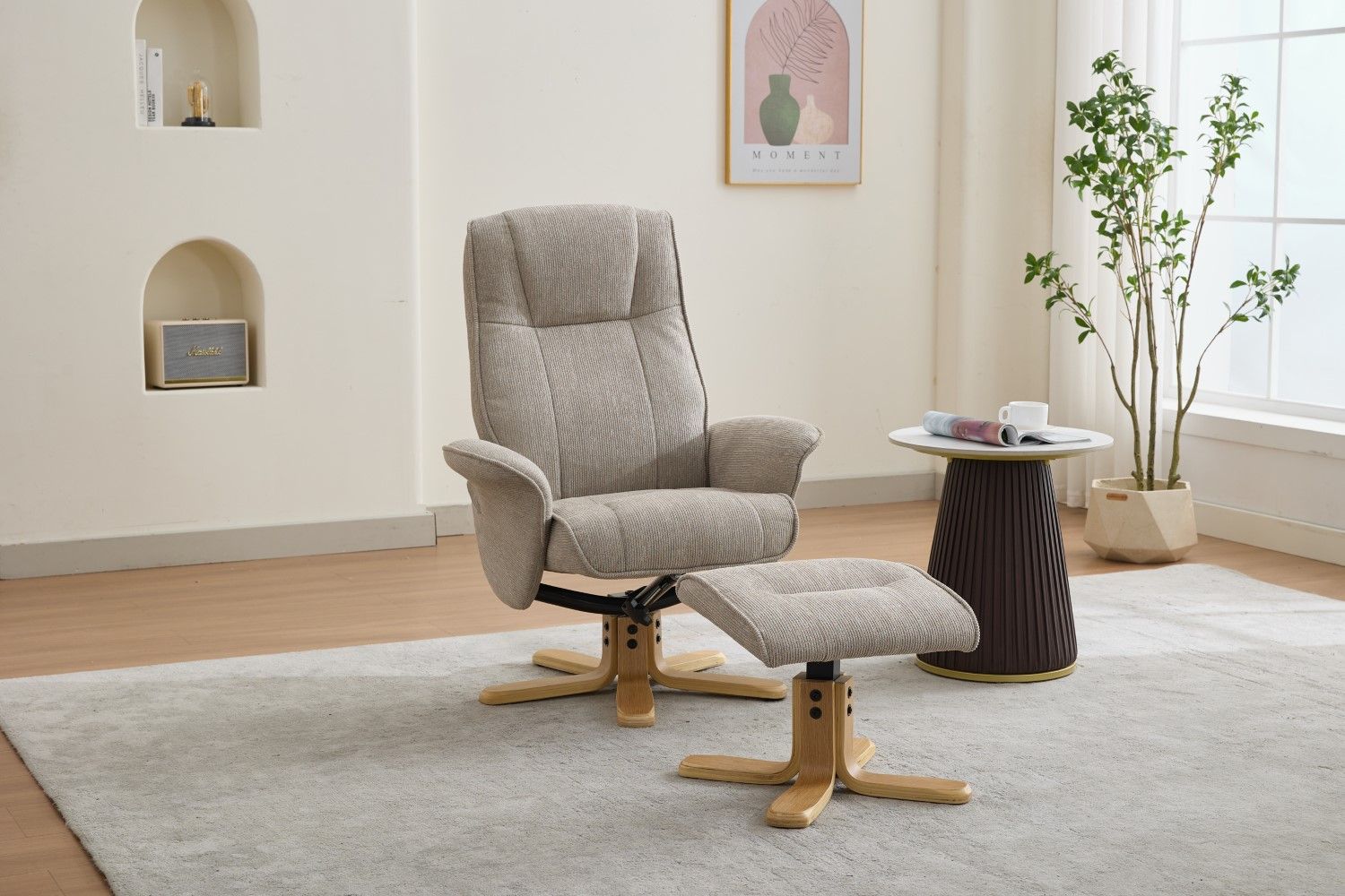 Camel Fabric Swivel Recliner with Footstool Oak Base