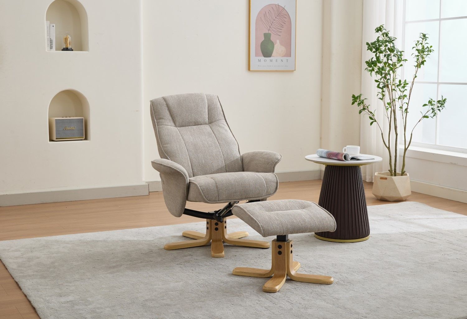 Camel Fabric Swivel Recliner with Footstool Oak Base