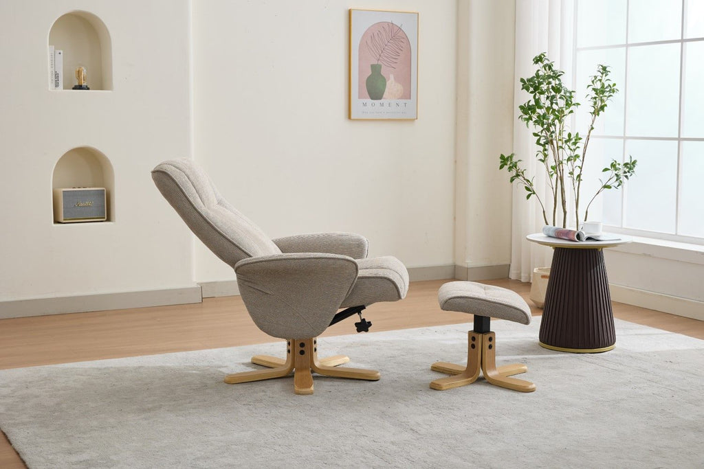 Camel Fabric Swivel Recliner with Footstool Oak Base