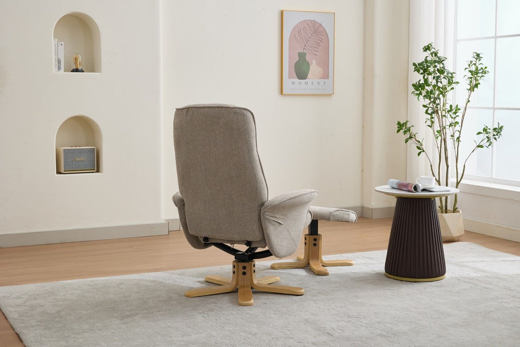 Camel Fabric Swivel Recliner with Footstool Oak Base