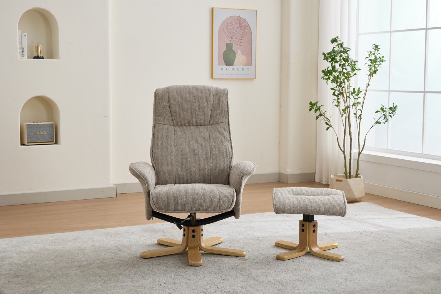 Camel Fabric Swivel Recliner with Footstool Oak Base