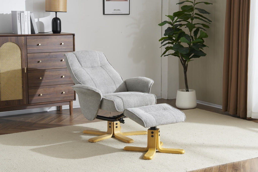 Lunar Grey Fabric Swivel Recliner with Footstool Oak Base