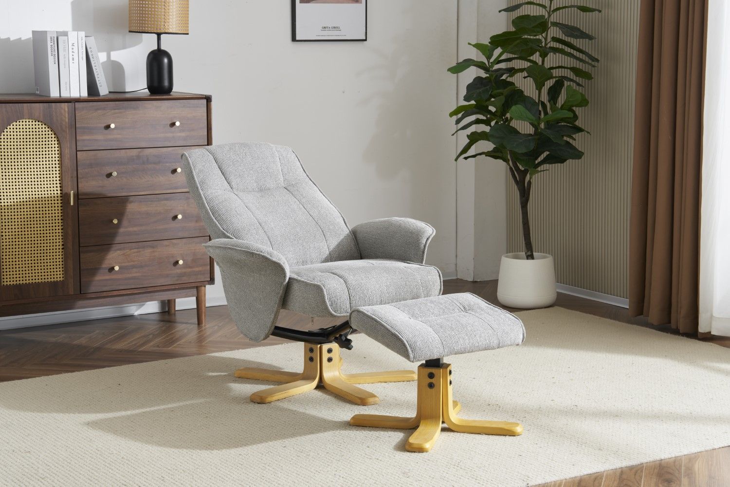 Lunar Grey Fabric Swivel Recliner with Footstool Oak Base