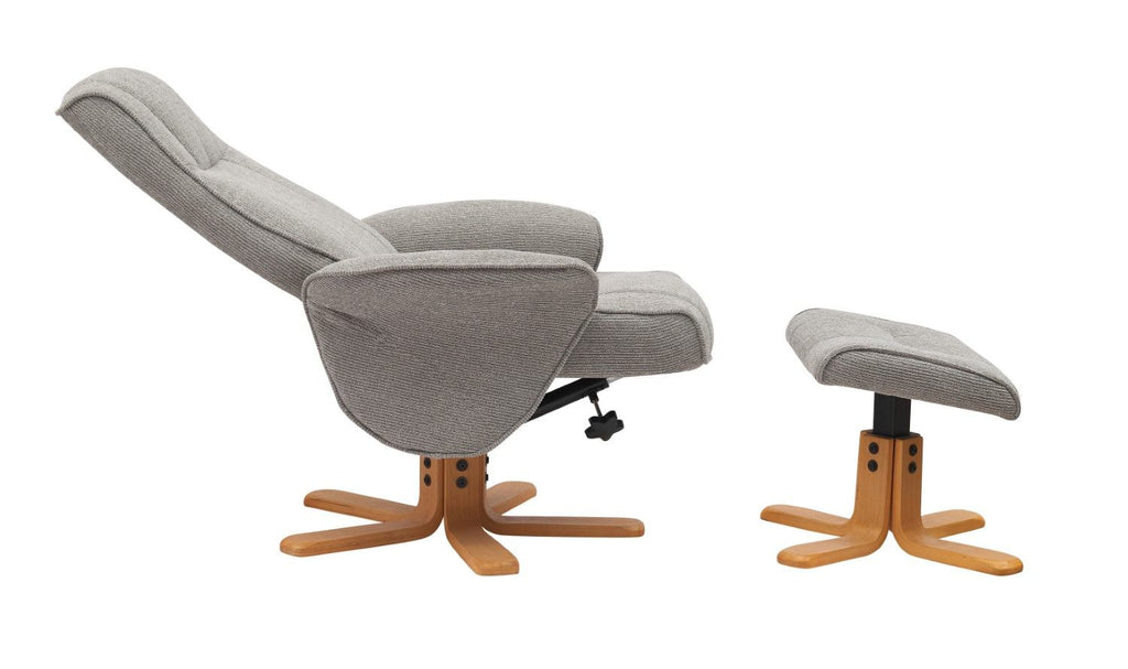 Lunar Grey Fabric Swivel Recliner with Footstool Oak Base