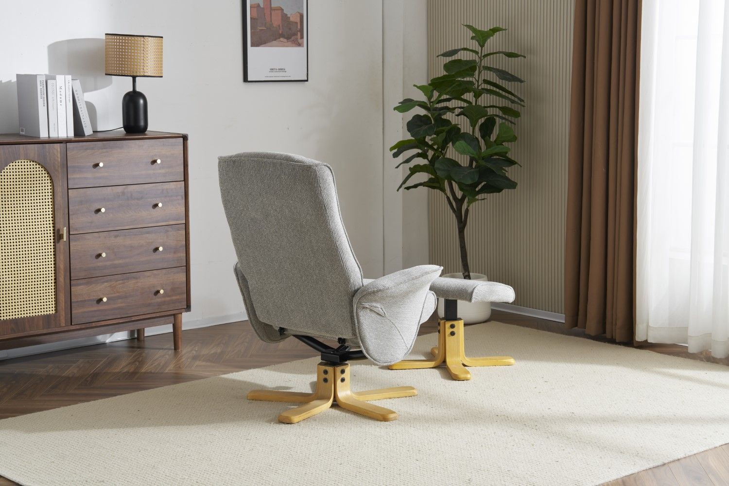 Lunar Grey Fabric Swivel Recliner with Footstool Oak Base