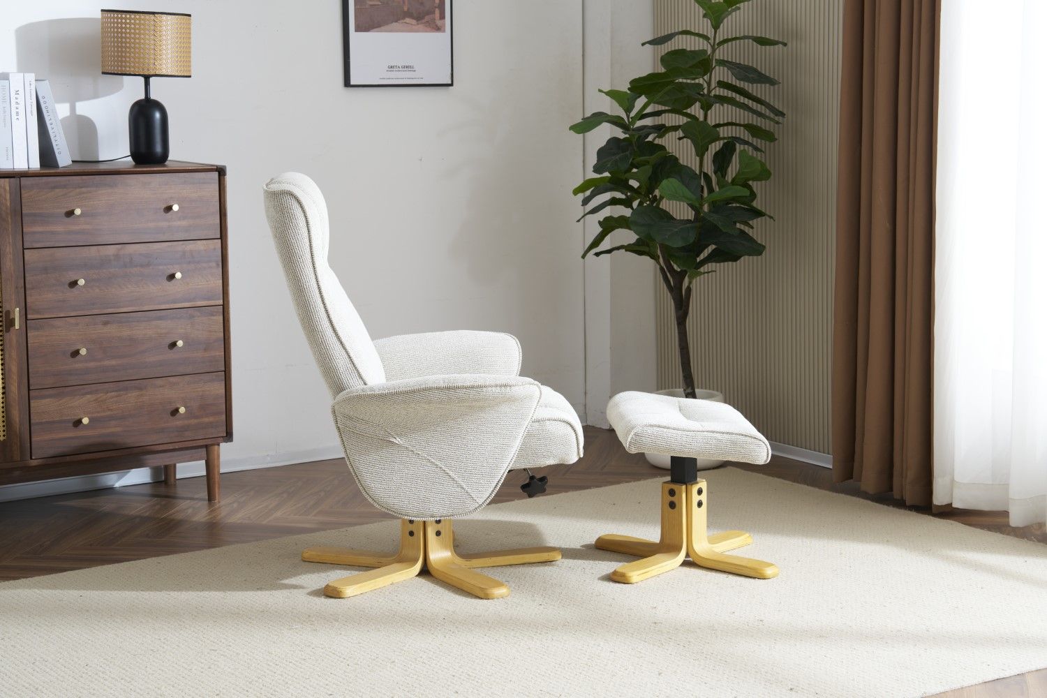 Marzipan Fabric Swivel Recliner with Footstool Oak Base