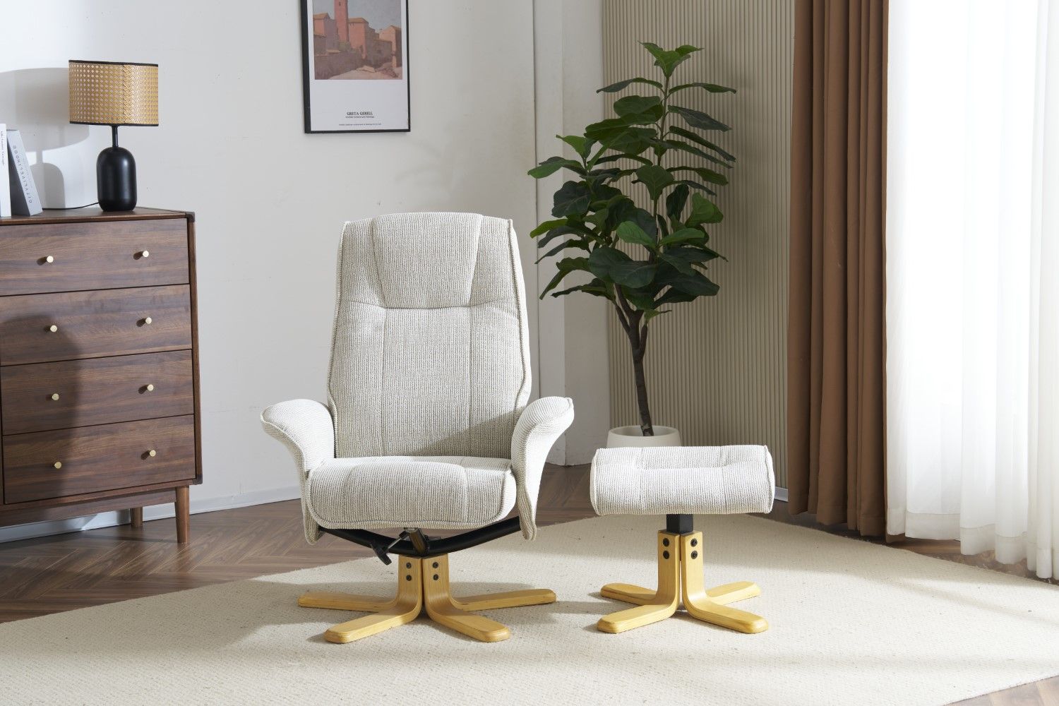 Marzipan Fabric Swivel Recliner with Footstool Oak Base