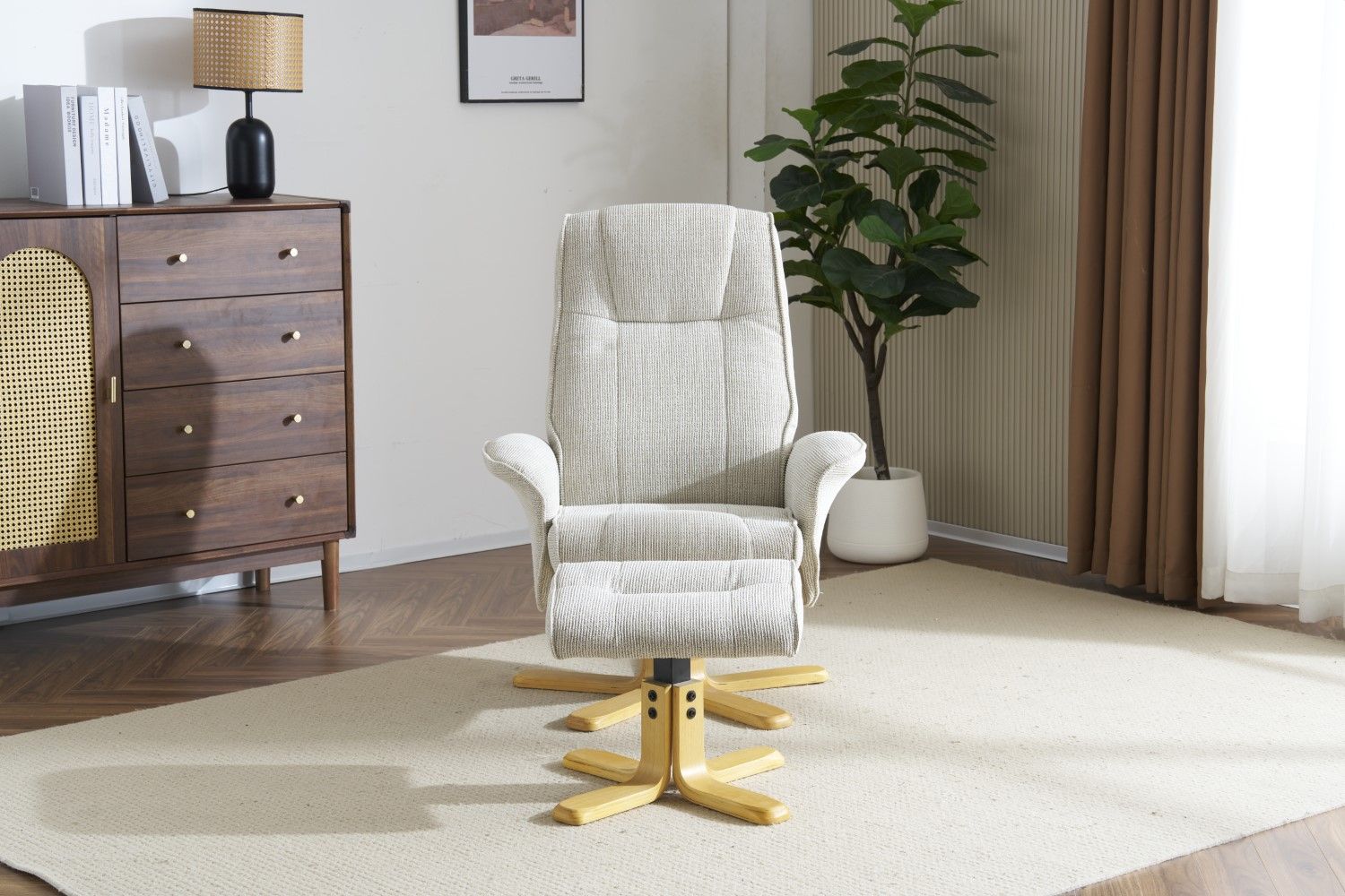 Marzipan Fabric Swivel Recliner with Footstool Oak Base